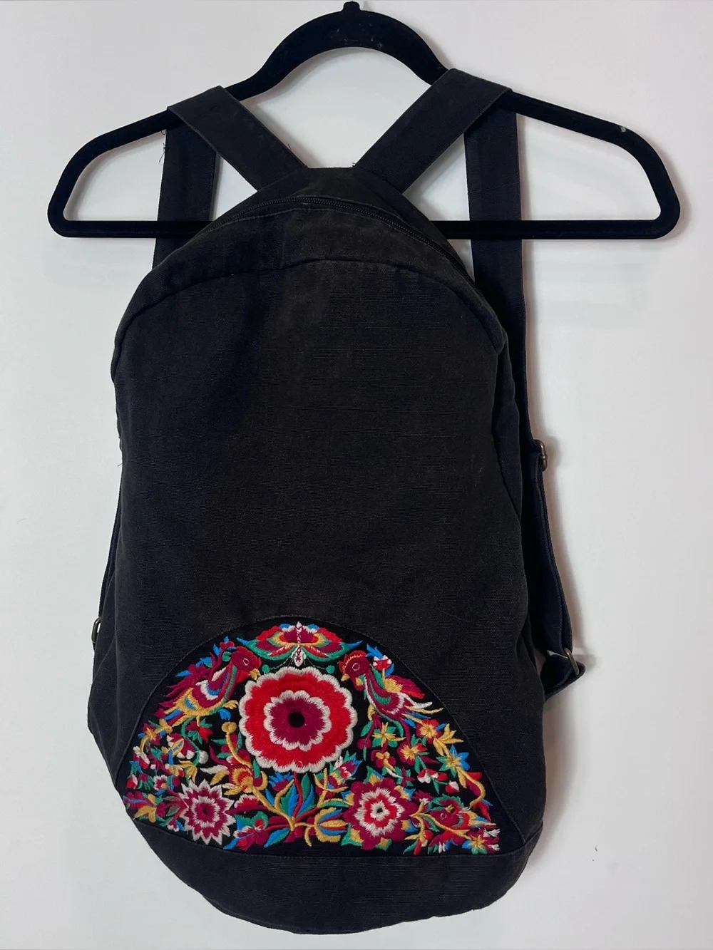 Black Embroidered Canvas Backpack Boho Floral Accent Bag